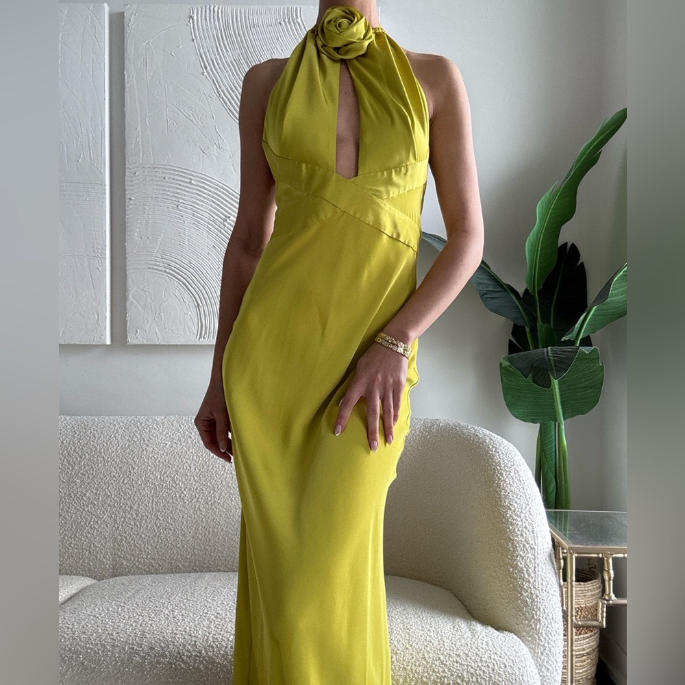 Ronny Kobo Satin Rosette Maxi Dress